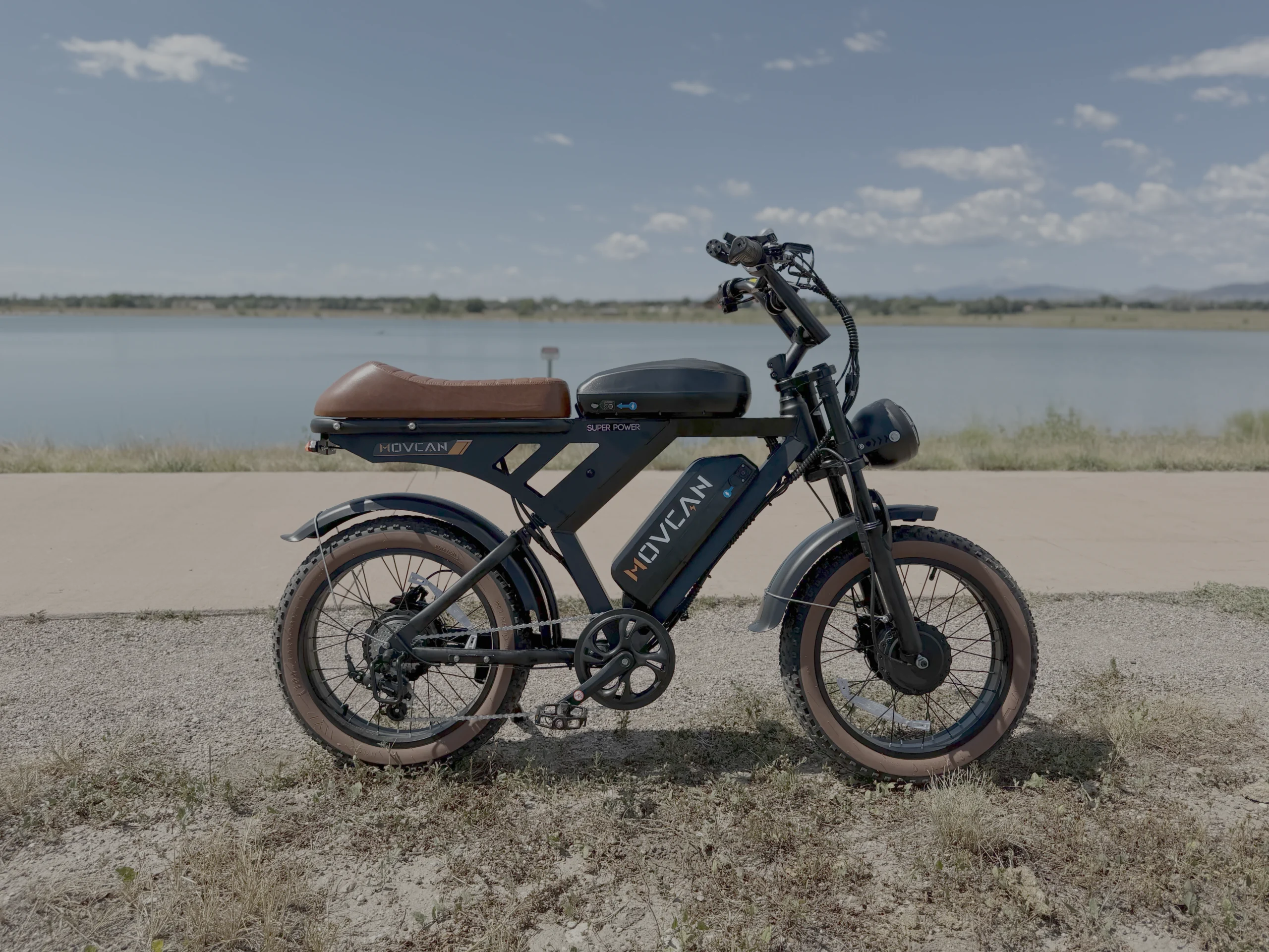 Electric bike by a serene lake